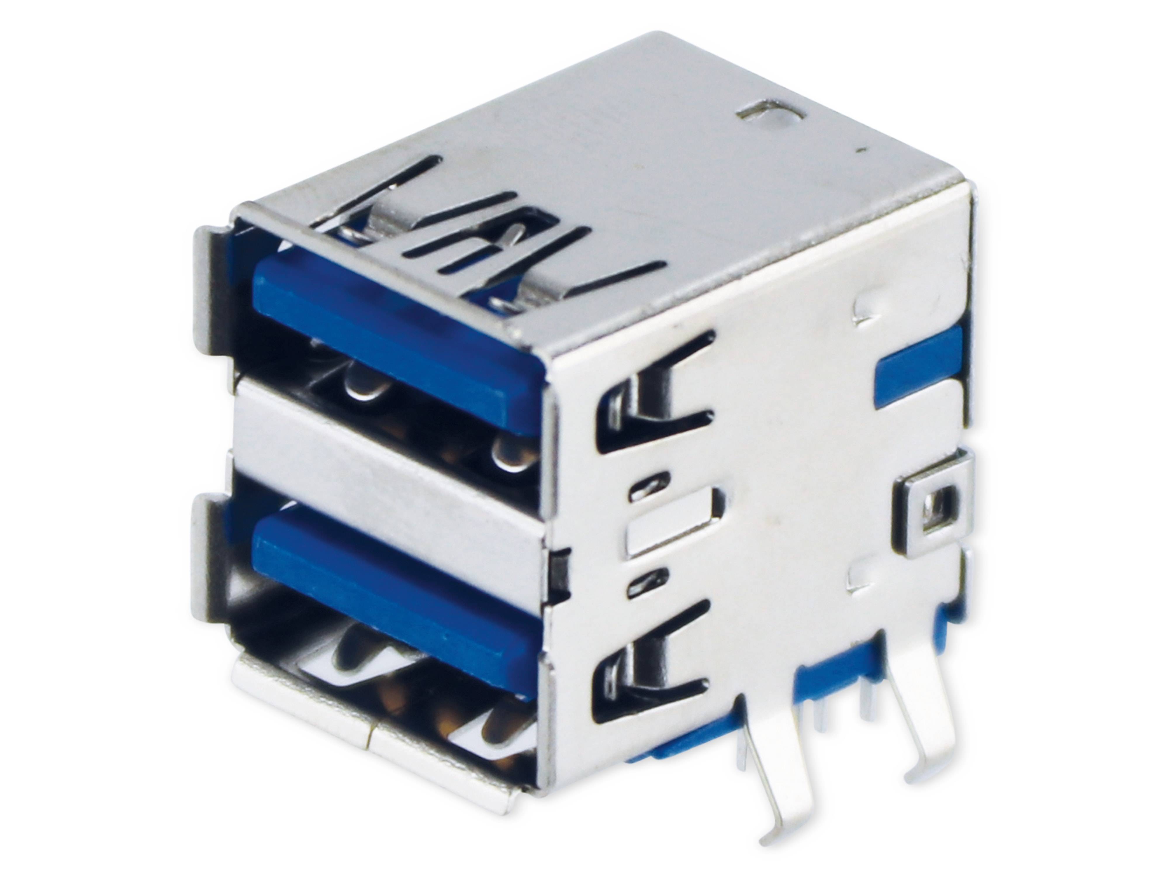 Ein Metall-Dual-Port-USB-Stecker mit blauem Inneren, entworfen für elektronische Geräte, dargestellt vor weißem Hintergrund.