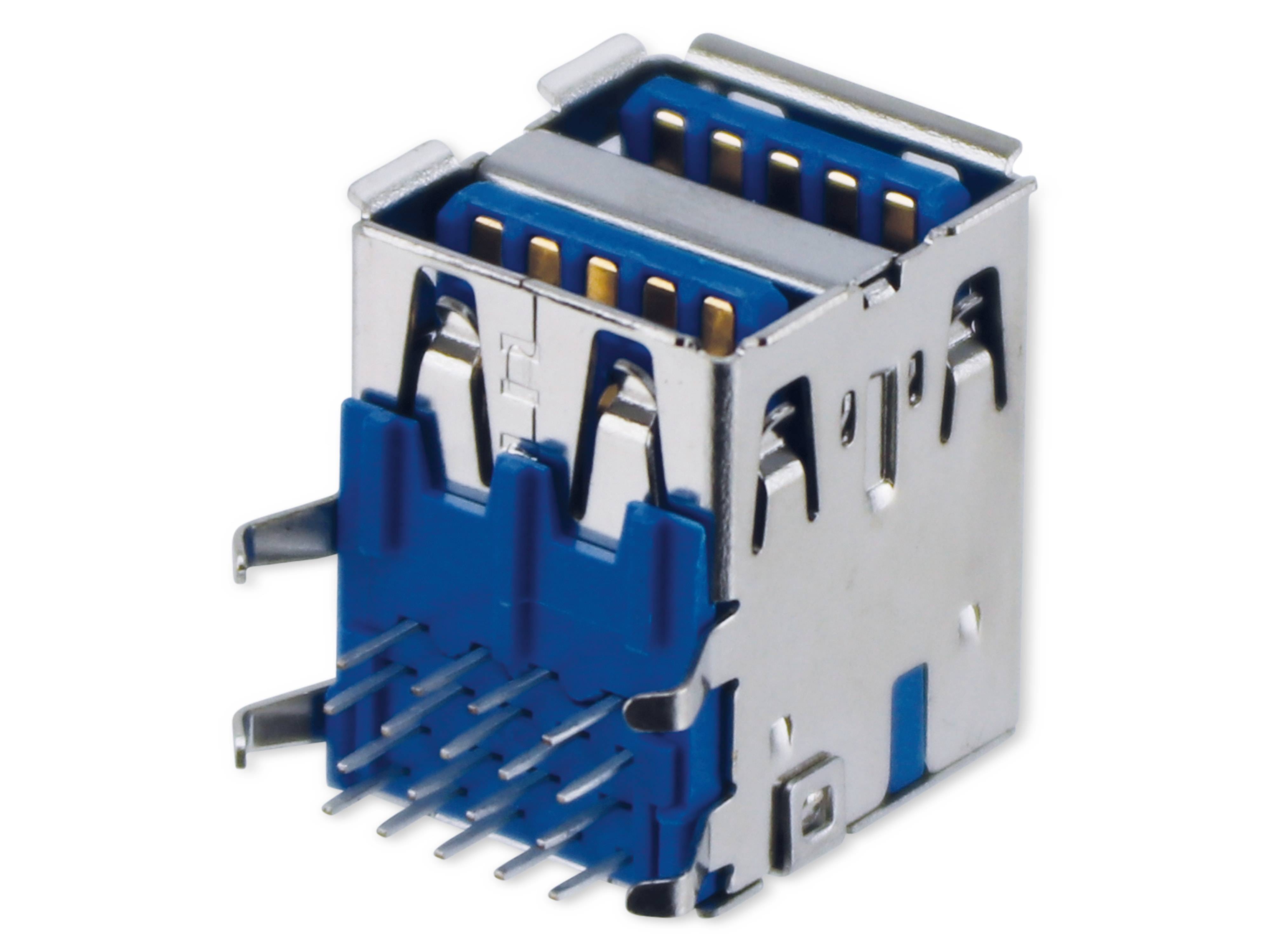 Eine Nahaufnahme eines USB-3.0-Anschlusses mit zwei übereinander angeordneten Anschlüssen, blauen Kunststoffeinsätzen und mehreren Kontaktstiften in einem metallischen Gehäuse.
