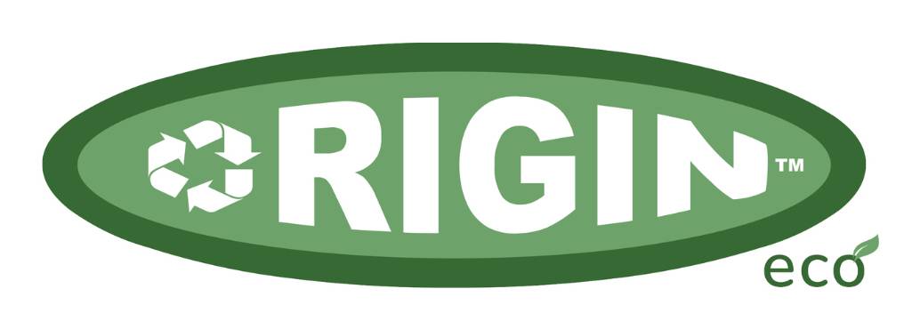 Grünes ovales RIGIN-Öko-Logo mit Recycling-Symbol und dem Wort „RIGIN