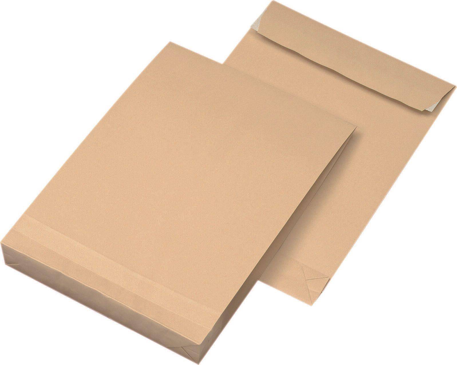 Zwei beige Versandumschläge, ein großer flacher Umschlag überlappt einen kleineren offenen Umschlag auf weißem Hintergrund.