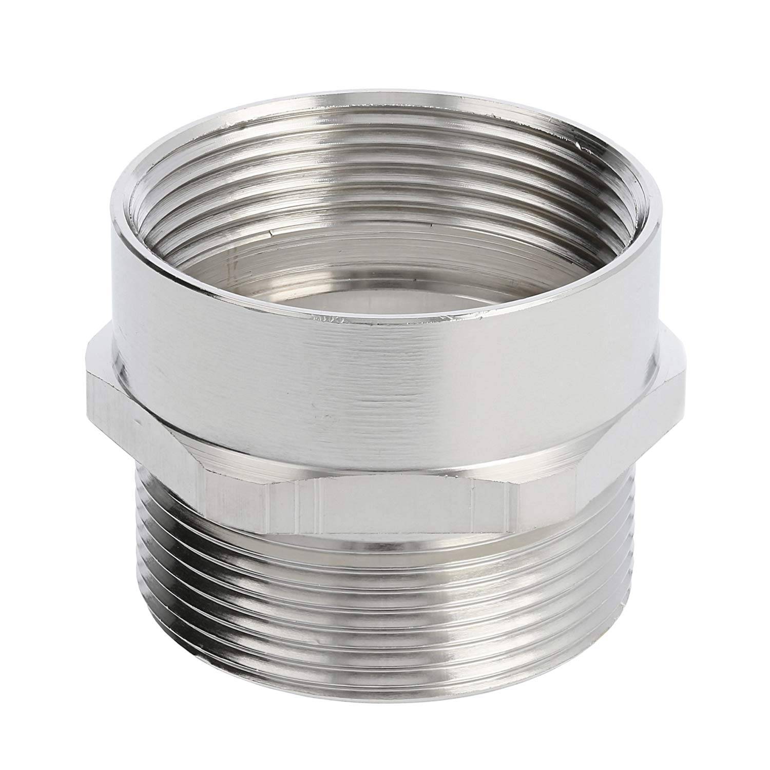 Silbermetall-Rohrverschraubung mit beidseitiger Gewindeausführung, konzipiert zum Verbinden zweier Rohre. Glatte Oberfläche, sechseckiger Mittelteil.