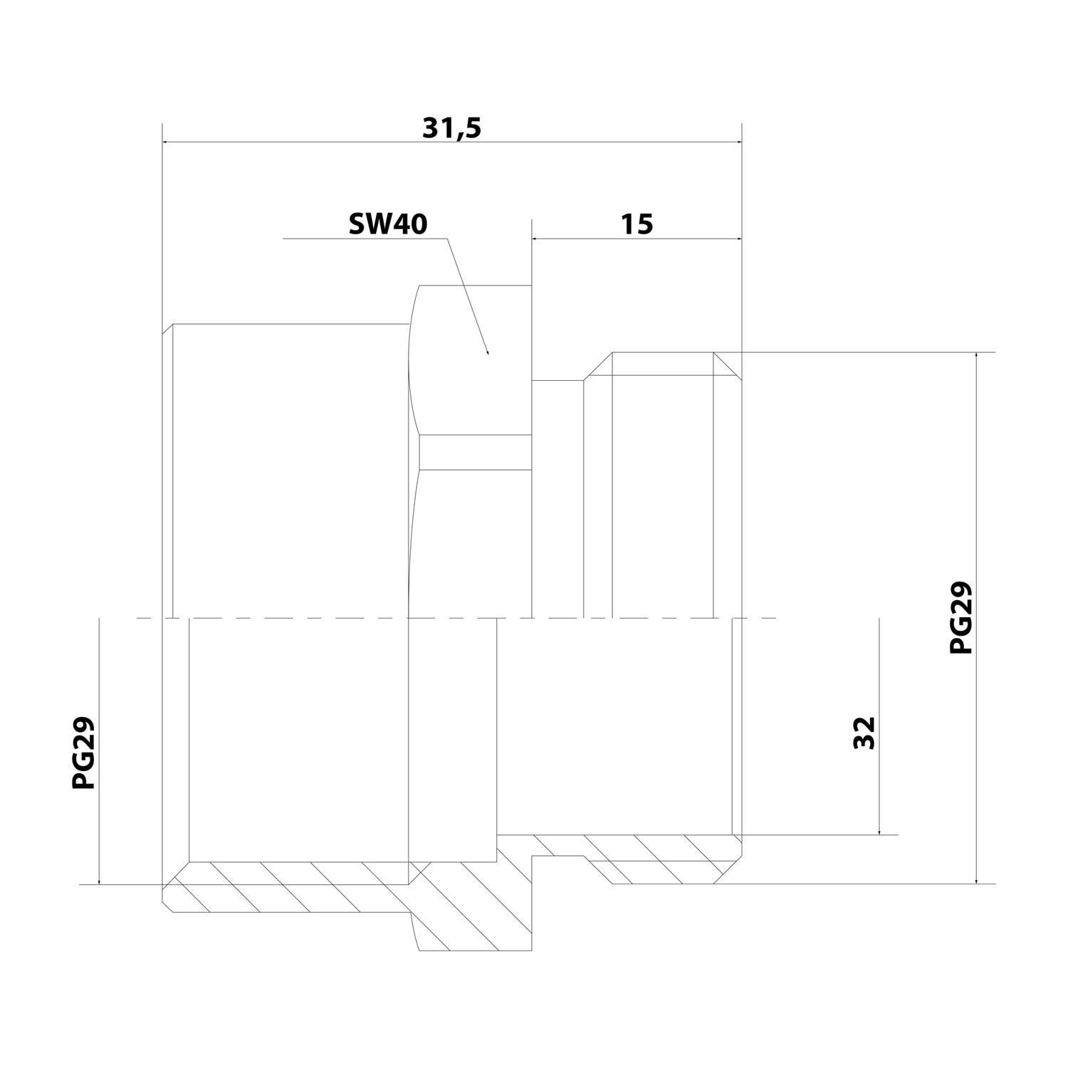 Technische Zeichnung eines mechanischen Bauteils mit beschrifteten Abmessungen: 31,5, SW40, 15, Höhe 32 und PG29 auf beiden Seiten.