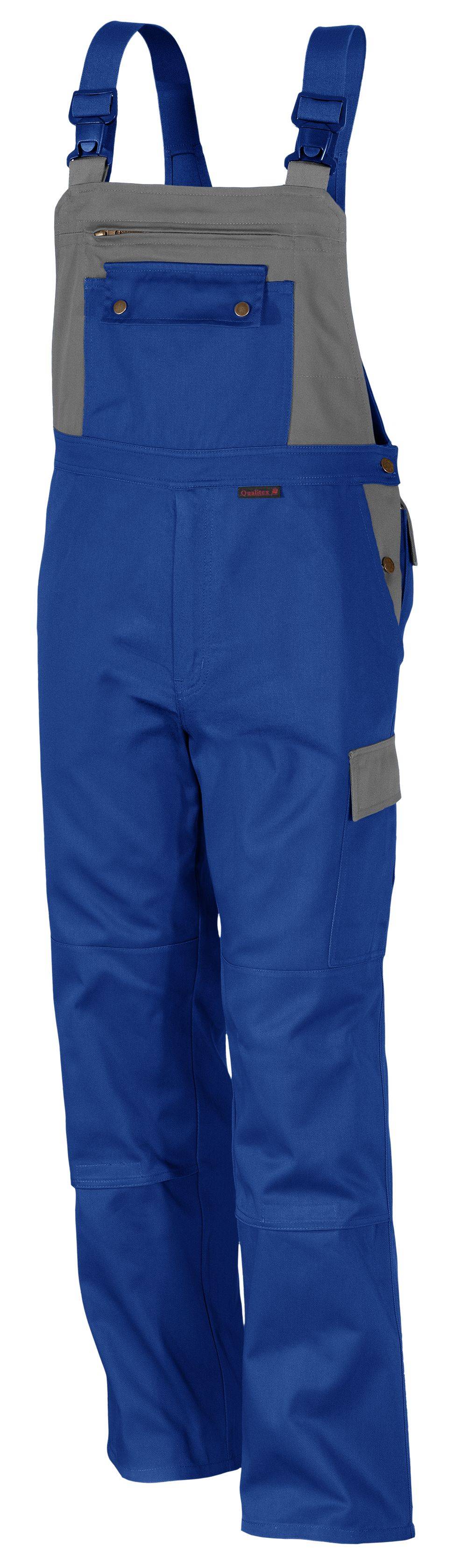 Blaue Arbeitshose mit grauen Kniebesätzen und einer Tasche, die Haltbarkeit und Funktionalität betont.