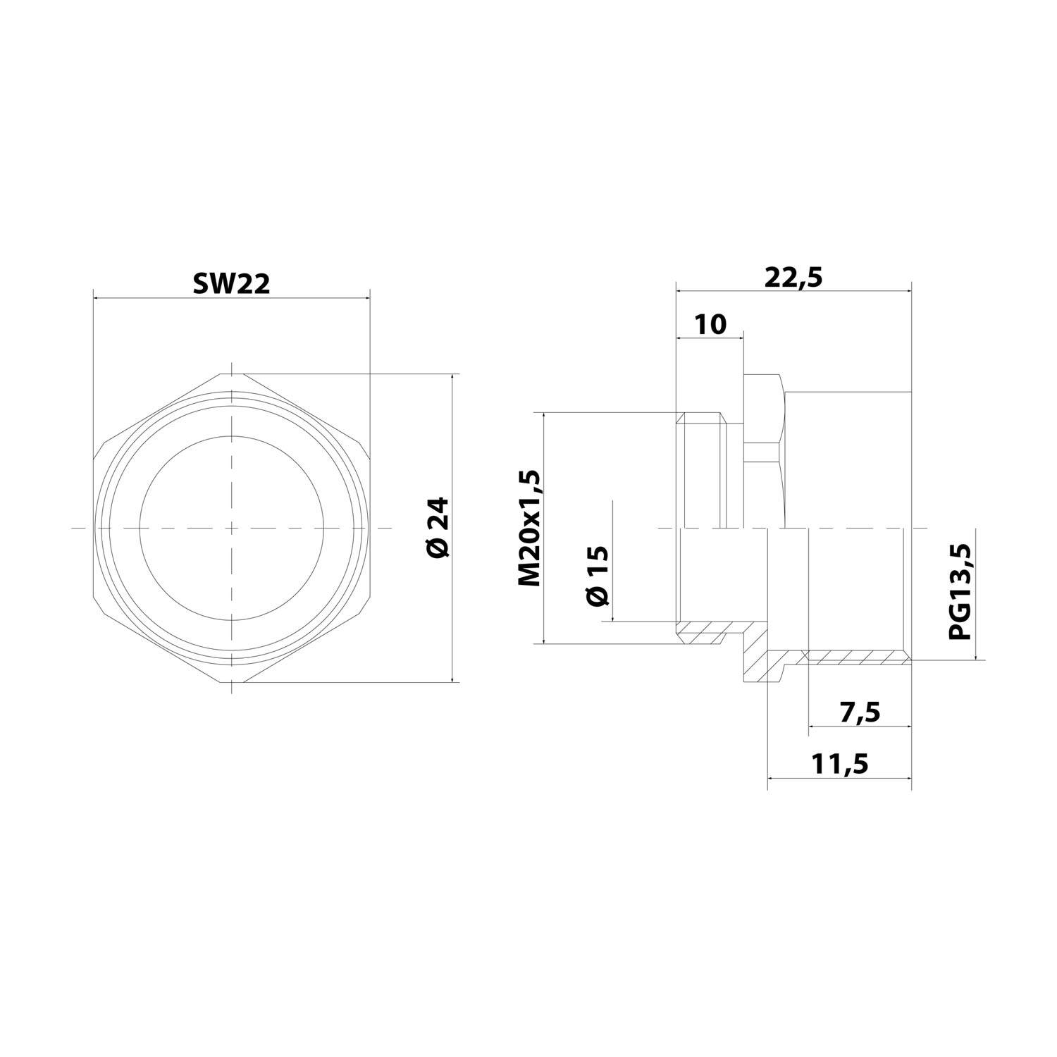 LAPP Adapter-Zwischenstutzen M/PG von M20x1,5 auf PG13,5x1,41 MMP-M/PG Sechskant Messing (CuZn) vernickelt