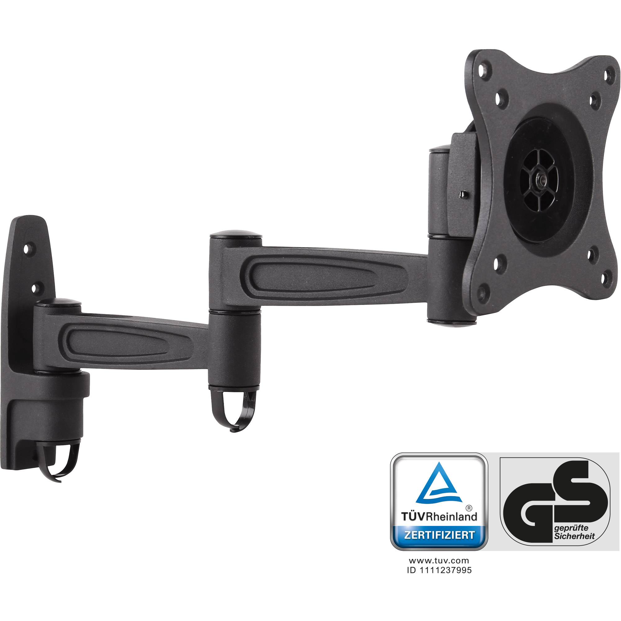 Schwarze verstellbare Wandhalterung mit artikulierendem Arm und VESA-Platte für einen Monitor oder kleinen Fernseher, gezeigt mit TÜV-Sicherheitszertifizierungslogos.
