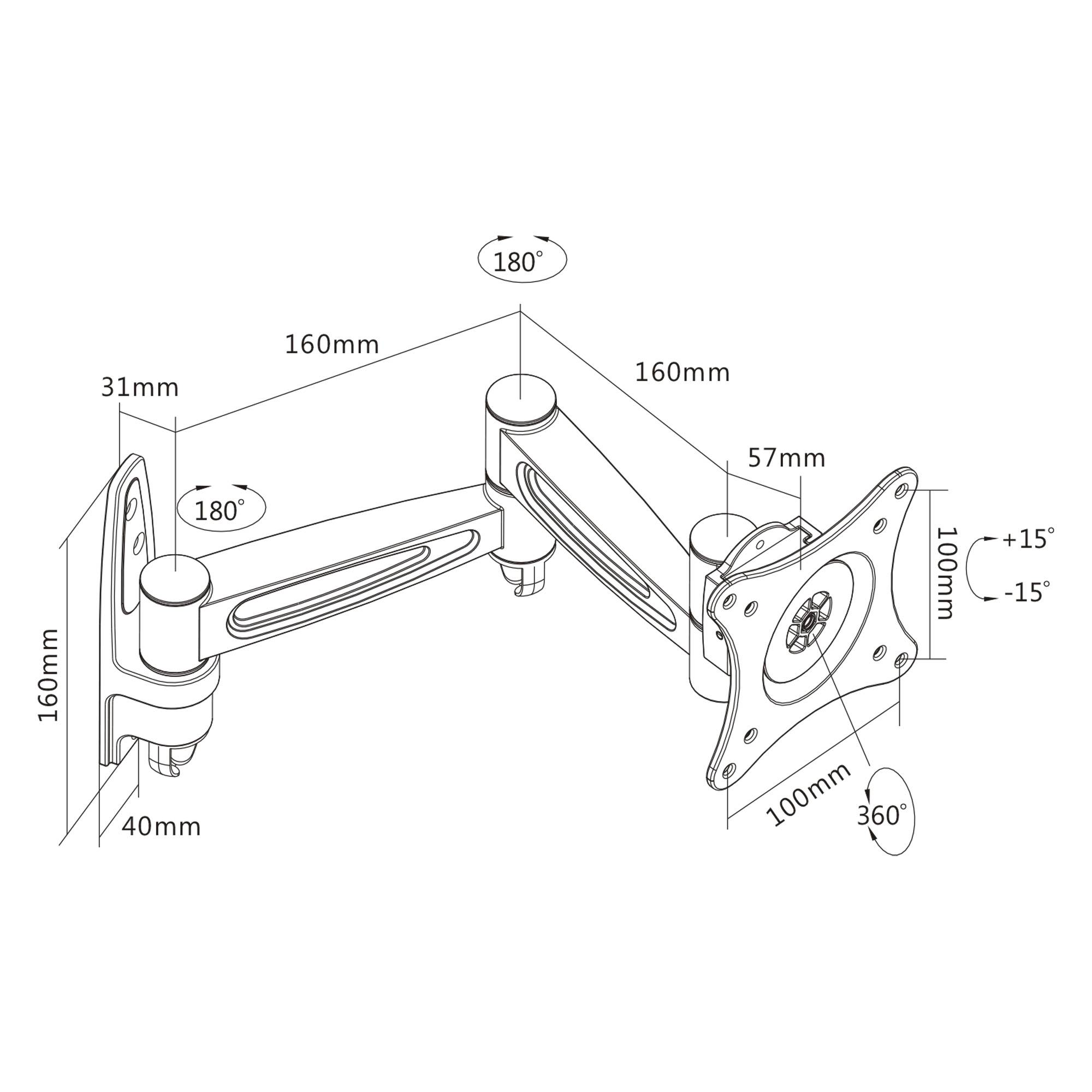Technisches Diagramm eines verstellbaren Monitorarms mit Abmessungen und Bewegungsbereichen: 180° Drehgelenke, 360° Rotation und ±15° Neigung, mit Abmessungen von 160mm, 100mm, 57mm, 40mm und 31mm.