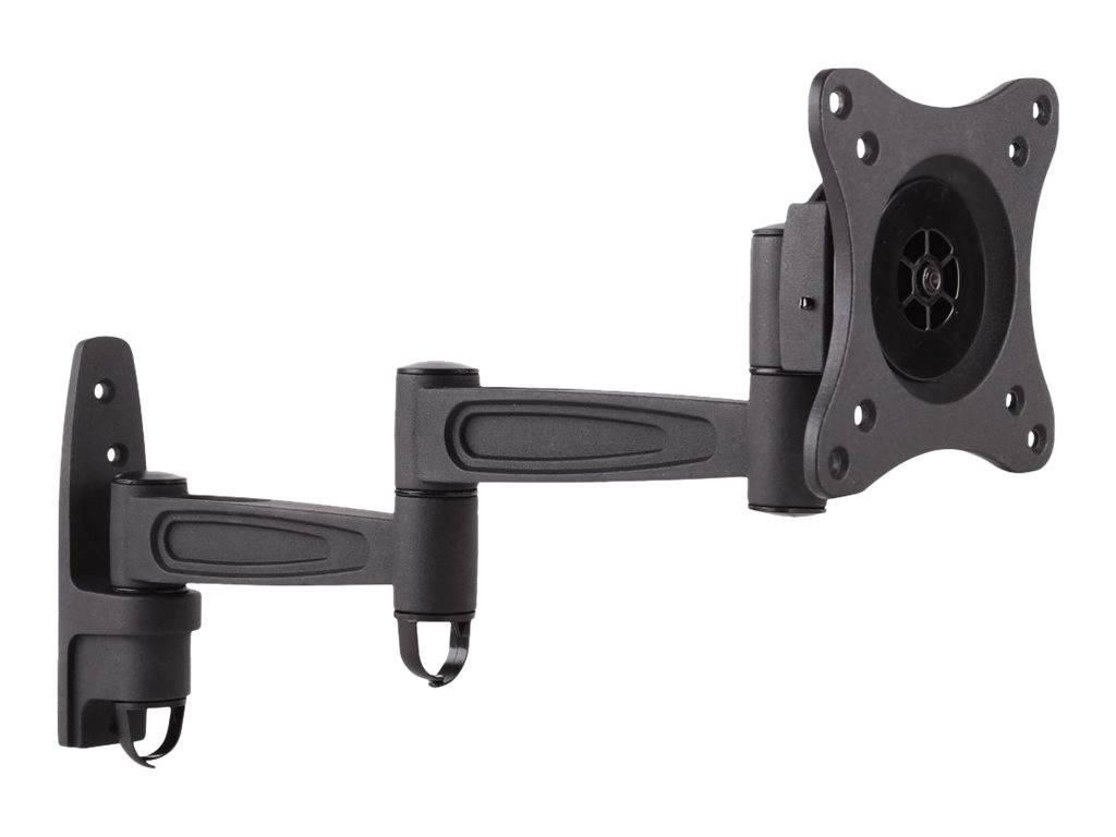 Verstellbarer wandmontierter Monitor-Arm mit VESA-Bildschirmhalterung, dargestellt in ausgefahrenem Zustand auf weißem Hintergrund.
