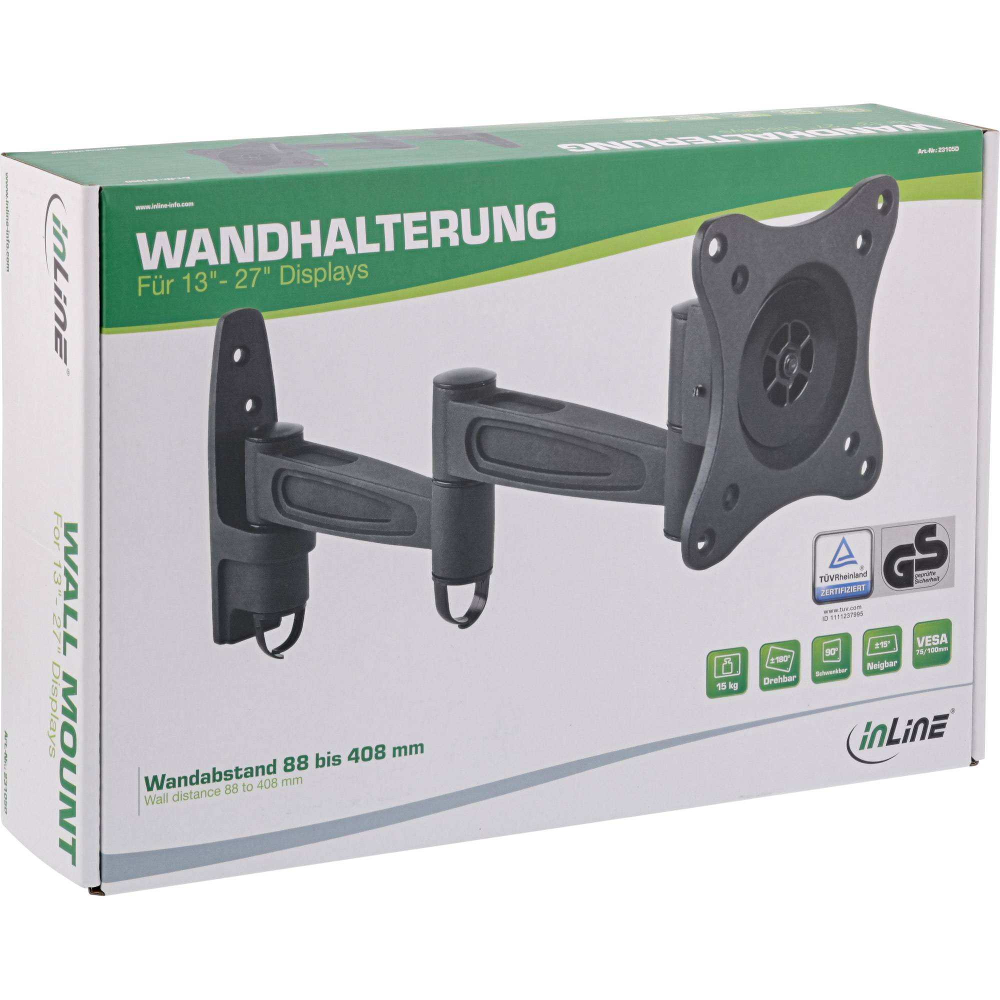 Produktbox für eine inLine Wandhalterung für 13-27 Zoll Displays, zeigt einen verstellbaren schwarzen Monitorarm und eine Montageplatte.