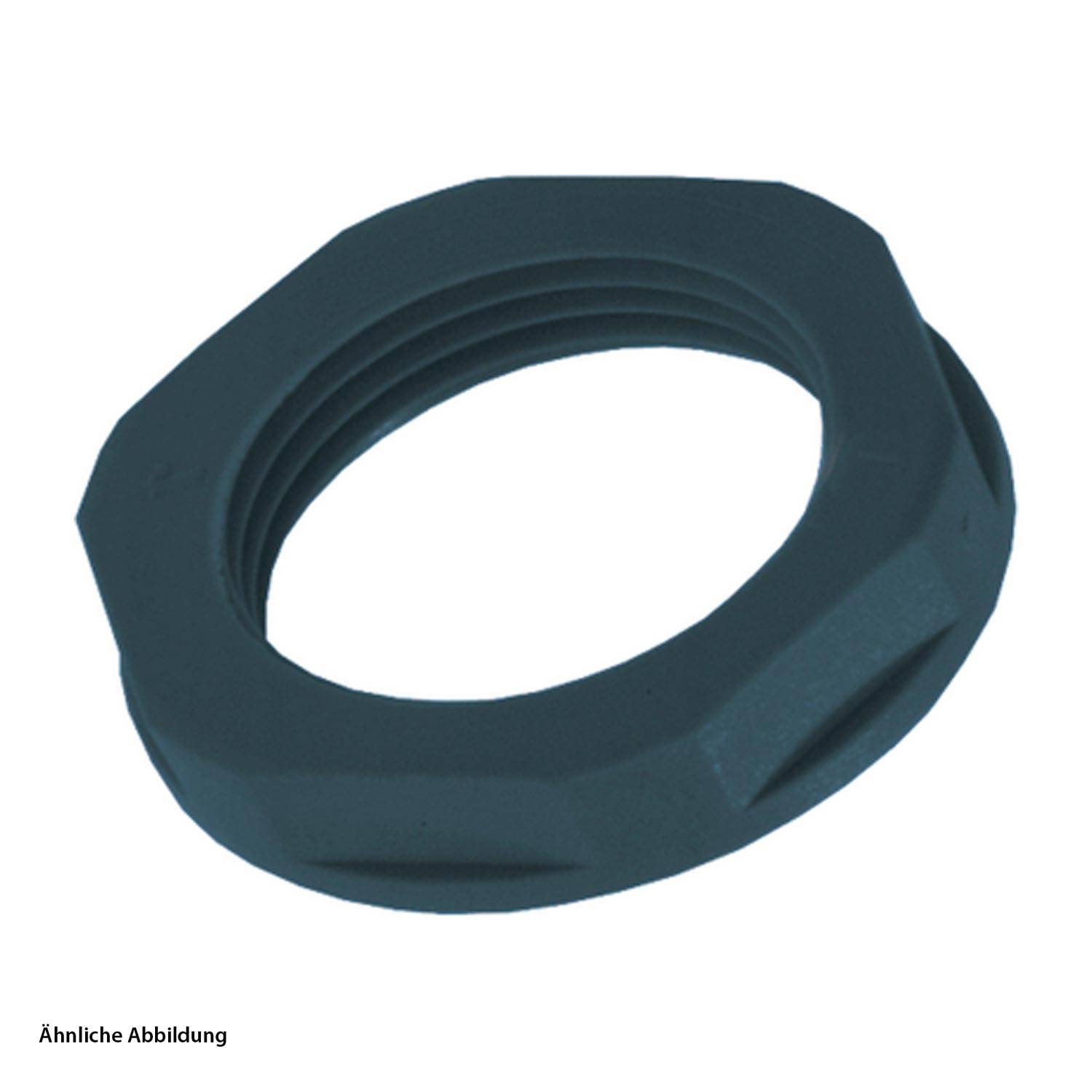 Eine schwarze Gewindesicherungsmutter, die zum Befestigen von Teilen in mechanischen oder Sanitäranwendungen verwendet wird.