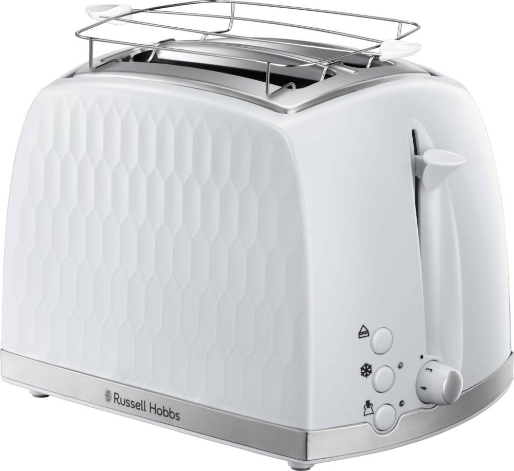 Ein weißer Russell Hobbs Toaster mit Wabenmuster und Chrom-Akzenten, ausgestattet mit einem Hebel und Einstellknöpfen für Bräunungsgrade.