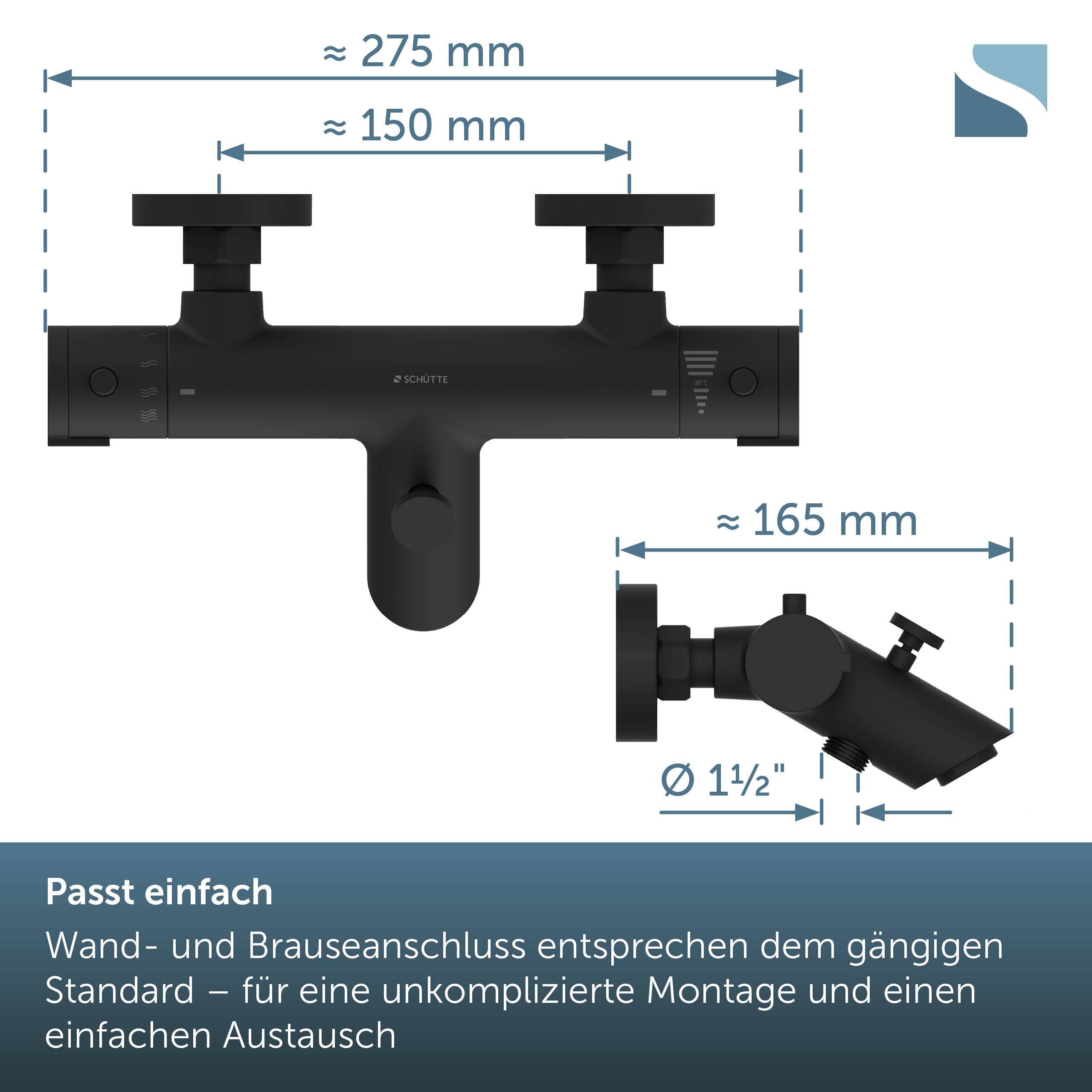 Diagramm eines schwarzen Brausemischventils mit Abmessungen: ca. 275 mm breit, 150 mm zwischen Befestigungspunkten und 165 mm tief; Deutsche Textnotizen weisen auf einfache Wand- und Rohrleitungsmontage hin.