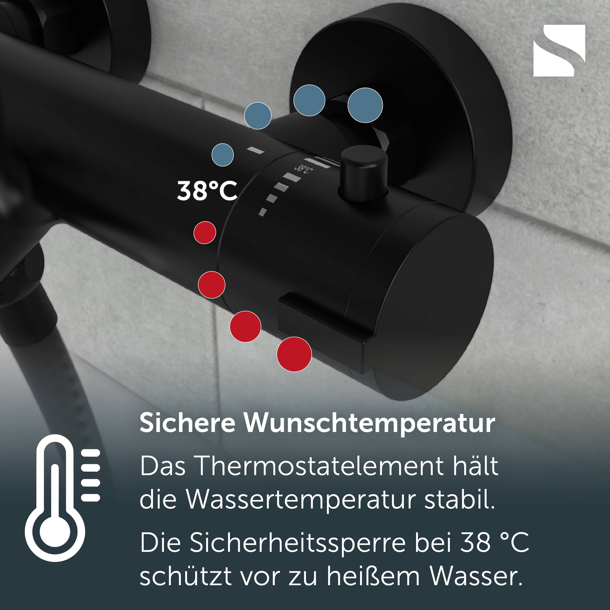 Schwarzes thermostatisches Duschventil mit Temperaturregler auf 38°C eingestellt; deutscher Text besagt, dass es die Wassertemperatur stabil hält und eine Sicherheitsverriegelung verhindert, dass Wasser über 38°C heiß wird.
