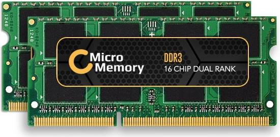 Nahaufnahme eines grünen DDR3-Speichermoduls mit schwarzen Chips. Das Etikett liest: 'Micro Memory DDR3 16 CHIP DUAL'.