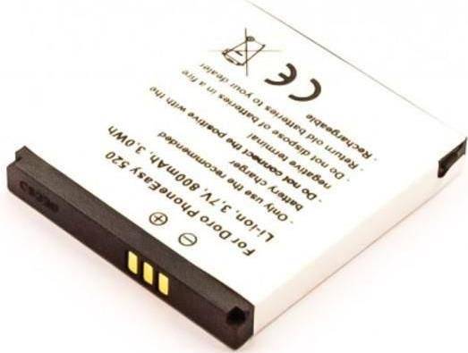 Eine weiße Lithium-Ionen-Handyakkubatterie mit technischen Spezifikationen und einer CE-Kennzeichnung, die die Konformität mit EU-Normen anzeigt.
