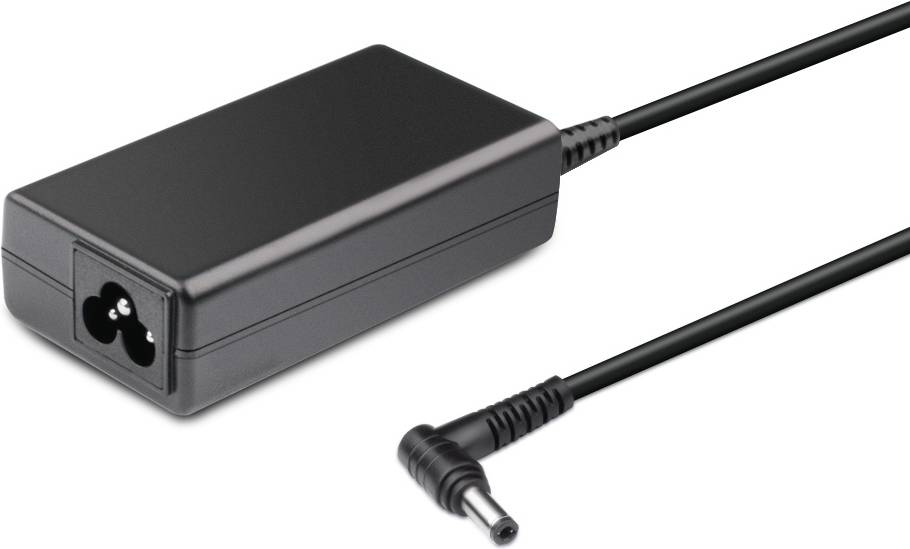 Schwarzer rechteckiger Stromadapter mit verbundenem Kabel und zylindrischem Stecker, typischerweise für elektronische Geräte verwendet.