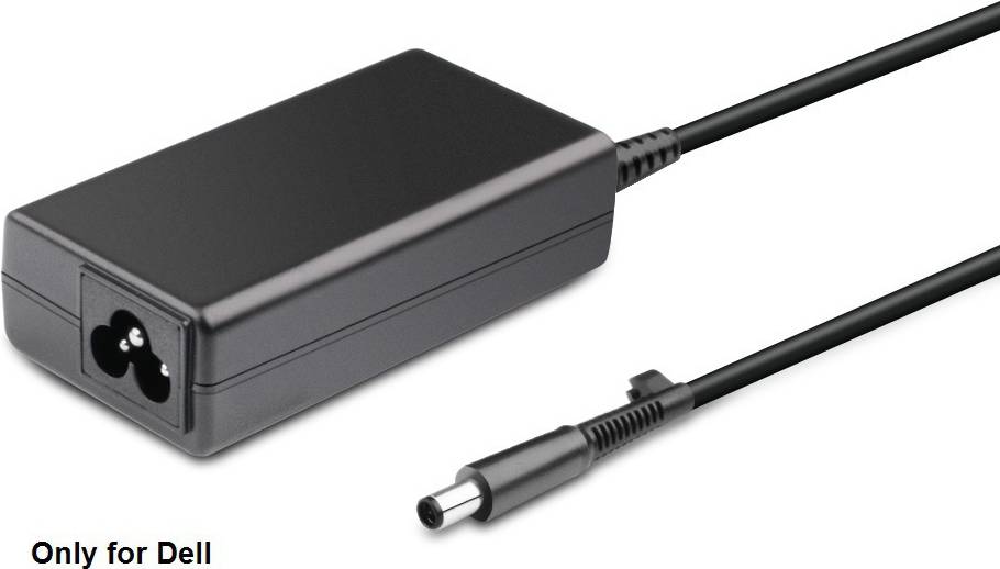 Ein Laptop-Netzteil mit schwarzem rechteckigem Gehäuse und einem zylindrischen Stecker, die durch ein Kabel verbunden sind.