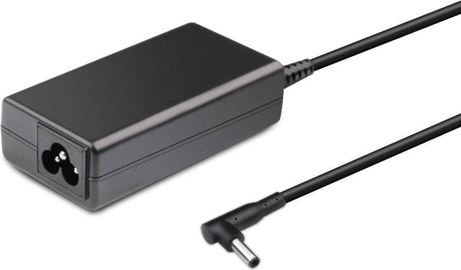 Ein schwarzer elektronischer Stromadapter mit Kabel und zylindrischem Steckendende, der zum Betreiben oder Laden von elektronischen Geräten verwendet wird.