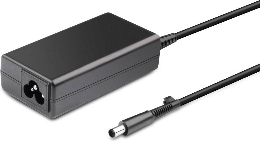 Ein Nahaufnahmebild eines schwarzen Laptop-Ladegeräts mit einem Stromadapter und einem angeschlossenen Kabel, das in einem Stecker endet.