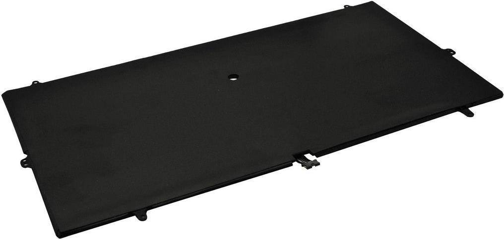 Eine flache, rechteckige schwarze Laptopbatterie von oben betrachtet, mit einem sichtbaren kreisförmigen Loch in der Nähe der Mitte und einem Stecker auf einer Seite.