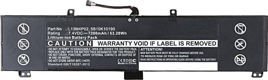 „Etikett auf Laptop-Akku mit Angabe der Kapazität 5200mAh/53,28Wh, Garantie erlischt bei Entfernung des Etiketts und Sicherheitswarnhinweise.