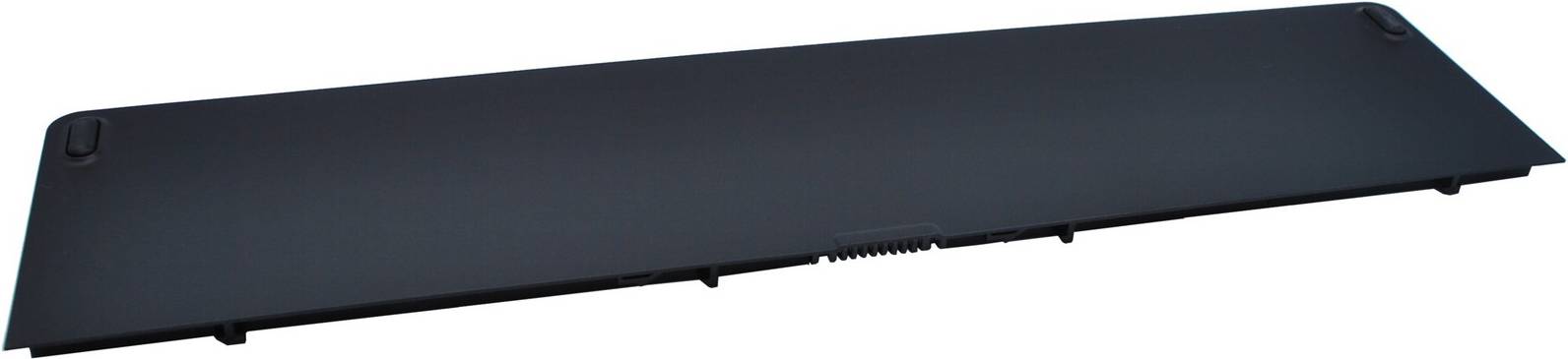 Eine rechteckige schwarze Laptop-Batterie mit glatter Oberfläche und Verschlussrand wird gezeigt, wobei ihr kompaktes und elegantes Design hervorgehoben wird.