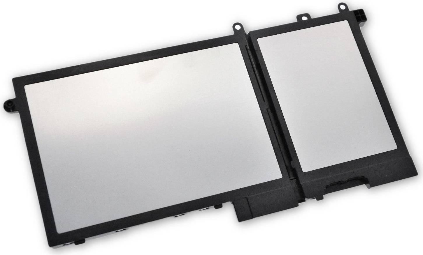 Eine silberne Laptop-Batterie mit sichtbaren Anschlüssen auf einer Seite, geeignet zur Verwendung in elektronischen Geräten.