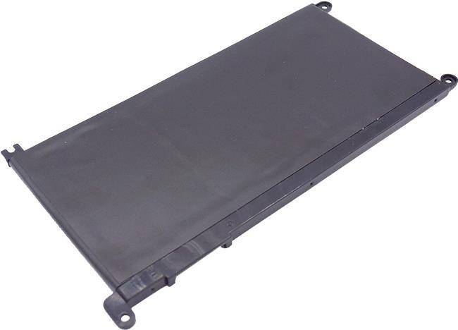 Eine rechteckige, schwarze Laptop-Batterie, für interne Verwendung konzipiert, mit sichtbaren Anschlüssen auf der Seite, auf weißem Hintergrund platziert.