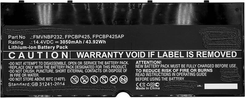 Ein Laptop-Akku-Etikett mit Modellnummern FPCBP425, FPCBP425AP und Kapazität 11,4V, 4100mAh, 43,92Wh. Warnung: „Garantie verfällt bei Entfernung des Etiketts.