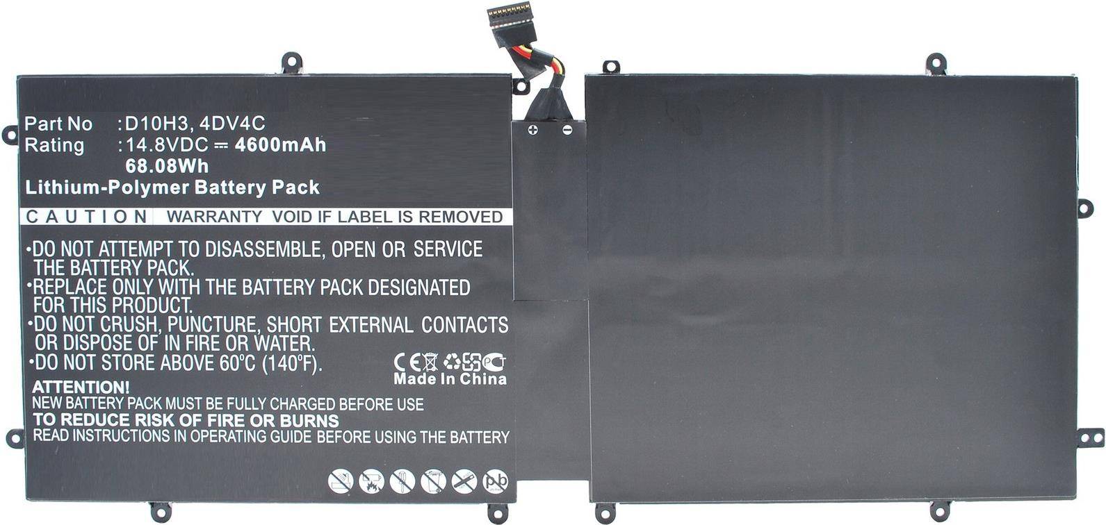 Eine schwarze rechteckige Lithium-Polymer-Batterie mit aufgedruckten Spezifikationen, einschließlich Kapazität, Spannung, Warnhinweisen und „Made in China