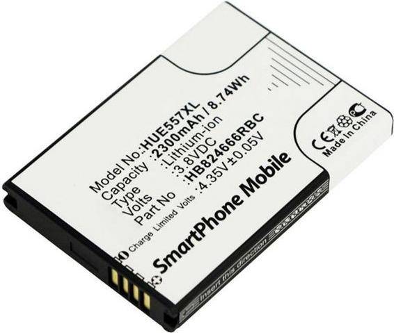 Schlanker rechteckiger Smartphoneakku mit Etikett: Modellnummer HUE557XL, 2300mAh, 8,74Wh, 3,8V, Typ: Lithium-Ionen, Hergestellt in China.