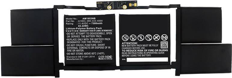 Schwarzes wiederaufladbares Lithium-Polymer-Akkupack, Modell AM1953B, 11,4V, 3330mAh, Warnkennzeichnungen mit Hinweisen zur sachgerechten Verwendung und Entsorgung.