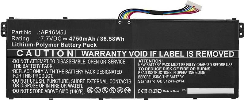 Ein schwarzes Batterieetikett mit der Aufschrift „7500mAh / 36,58Wh