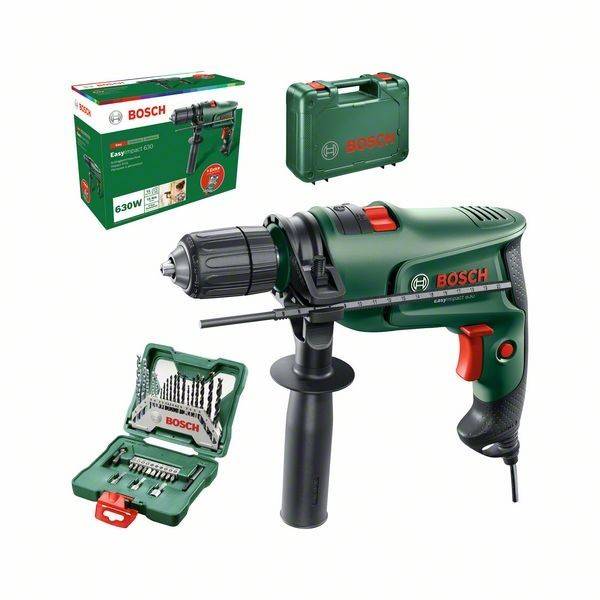 Ein Bosch-Bohrgerät mit Griff und verschiedenen Bohrern, die ausgelegt sind. Produktverpackung und Aufbewahrungskoffer sind im Hintergrund zu sehen.