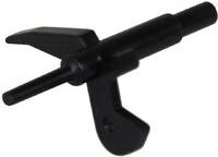 Ein schwarzer Gitarrenzugsattel mit Federmechanismus, der so gestaltet ist, dass er auf den Hals einer Gitarre geklemmt wird, um die Tonhöhe zu verändern, ohne die Saiten neu zu stimmen.