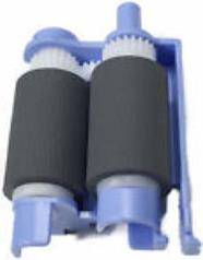 Zwei schwarz-grau gestreifte zylindrische Walzen mit blauen Basen, wahrscheinlich Teil einer Maschine oder eines Druckers, möglicherweise zum Papiervorschub verwendet.