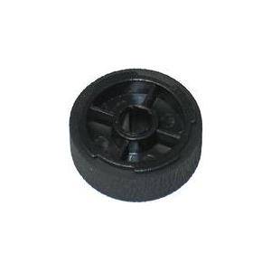 Ein kleines, schwarzes Kunststoffrad mit Nabe und Rillenstruktur, von oben betrachtet.