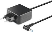 Ein schwarzer Laptop-Stromadapter mit einem rechteckigen Netzteil und einem Kabel mit einem blau angebrachten Stecker.