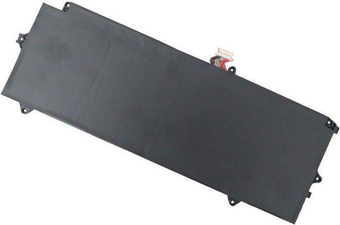 Eine rechteckige Batterie mit schwarzem Gehäuse und sichtbarer Steckerkabelverkabelung auf einer Seite, wahrscheinlich für elektronische Geräte ausgelegt.