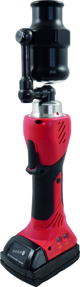 Rote und schwarze Bohrmaschinen-Handgriff mit silberfarbenem Metallaufsatz, der ein Griffdesign und einen Auslöseknopf zeigt.