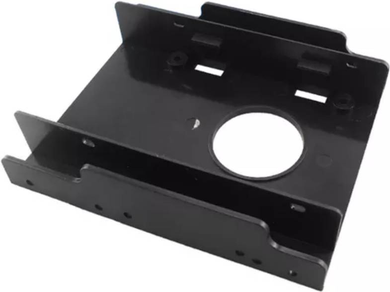 Eine schwarze Metallklammer mit einer kreisförmigen Aussparung und mehreren Befestigungslöchern, entworfen zur Befestigung oder Unterstützung von Hardwarekomponenten.