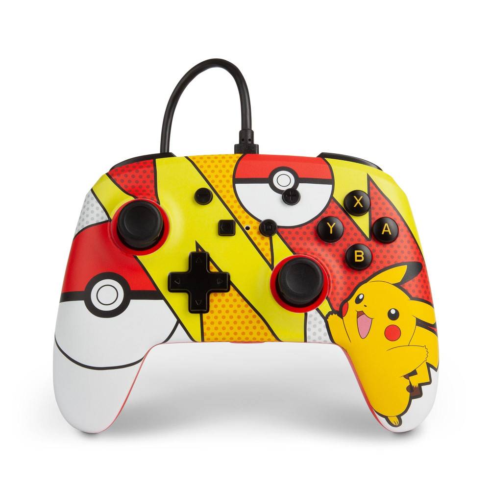 Pokémon-inspirierter Spielecontroller mit Pikachu-Artwork, rot-gelbem Design, Analog-Sticks, Steuerkreuz und beschrifteten Tasten X, Y, A, B.