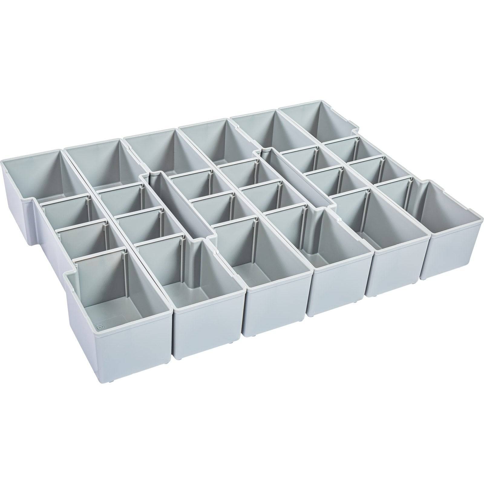 Gestapelte graue Plastik-Aufbewahrungsbehälter in einem Raster angeordnet, mit mehreren Fächern für organisierte Aufbewahrungslösungen.