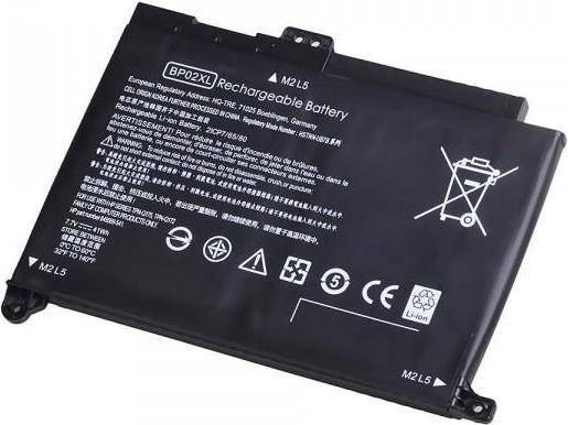 Wiederaufladbare Batterie mit gedruckten Spezifikationen und Sicherheitswarnungen, Modell BP02XL, mit Symbolen für Recycling und Lithium-Ionen.