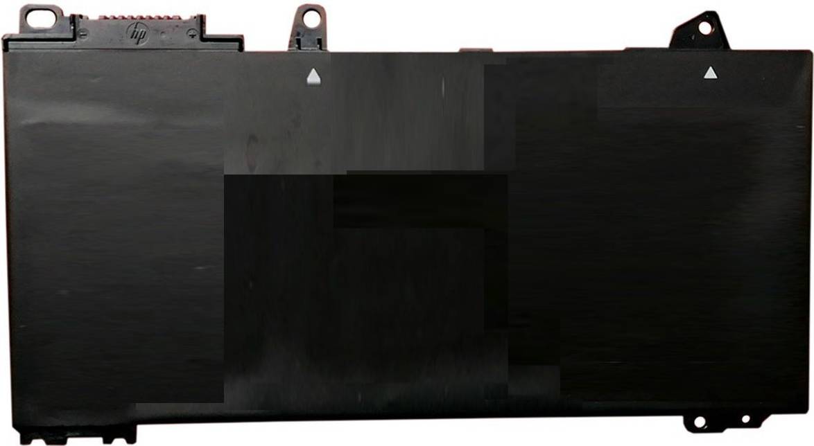 Ein schwarzes rechteckiges Objekt mit sichtbaren Komponenten und Symbolen, möglicherweise Teil eines elektronischen Geräts oder eines Akkupacks.