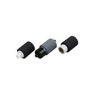 Drei zylindrische Druckerwalzen, jede mit schwarzer Außenseite mit sichtbaren weißen und grauen inneren Komponenten, auf weißem Hintergrund angezeigt.