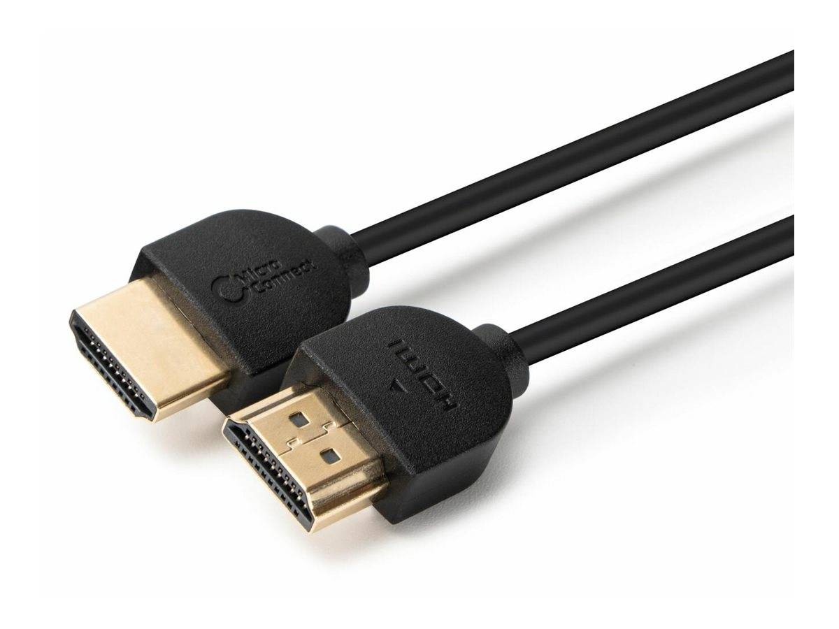 Zwei schwarze HDMI-Kabel mit vergoldeten Steckern auf weißem Hintergrund.