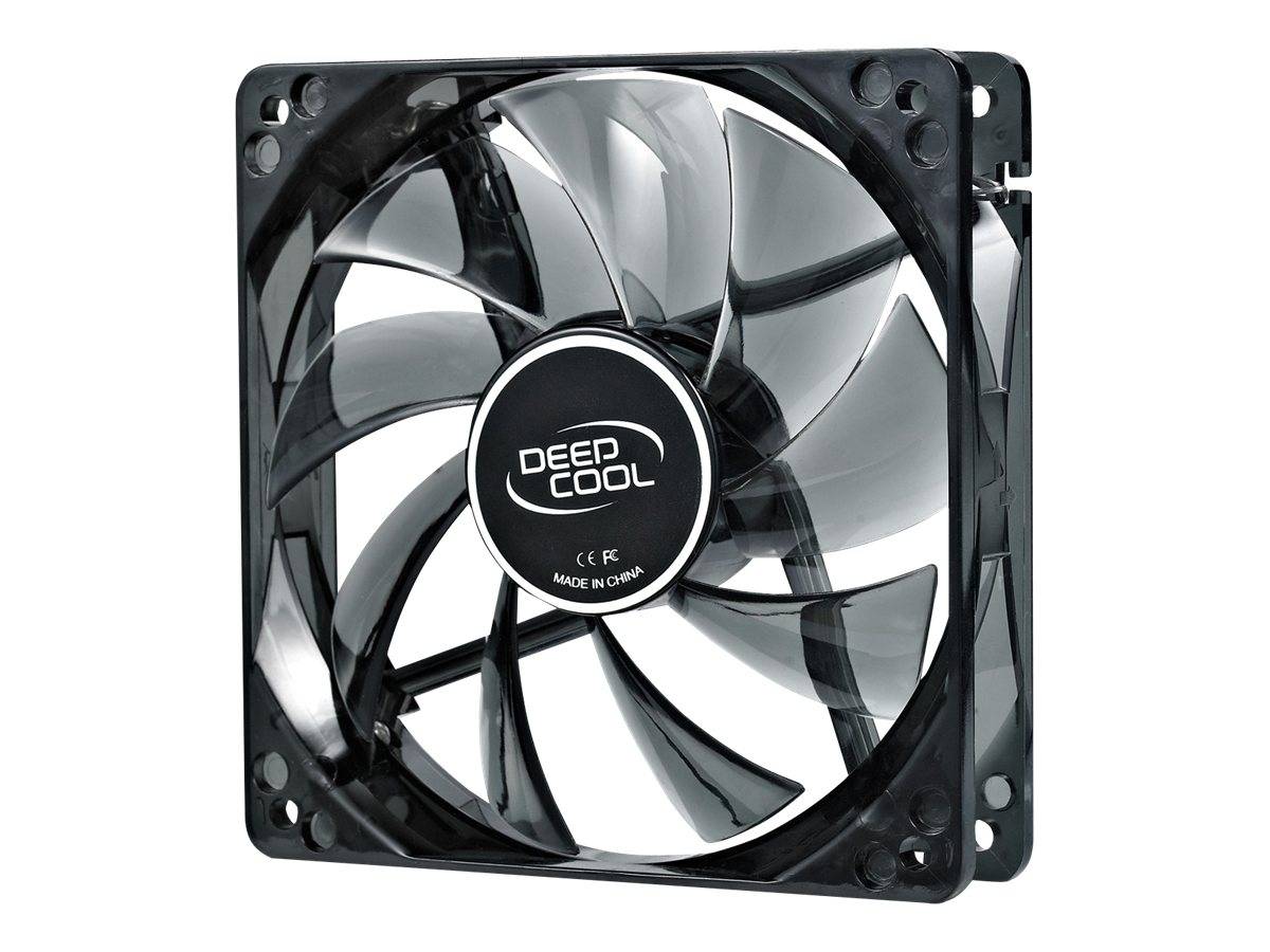 Schwarzer DeepCool Computer-Kühlventilator mit durchscheinenden Blättern in einem quadratischen Rahmen.