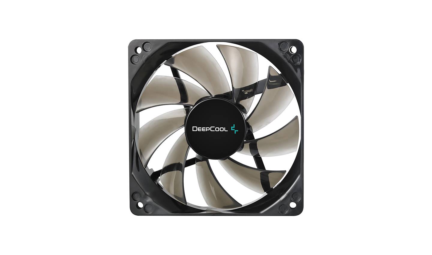Computerlüfter mit schwarzem Rahmen und weißen Blättern, in der Mitte mit „DeepCool