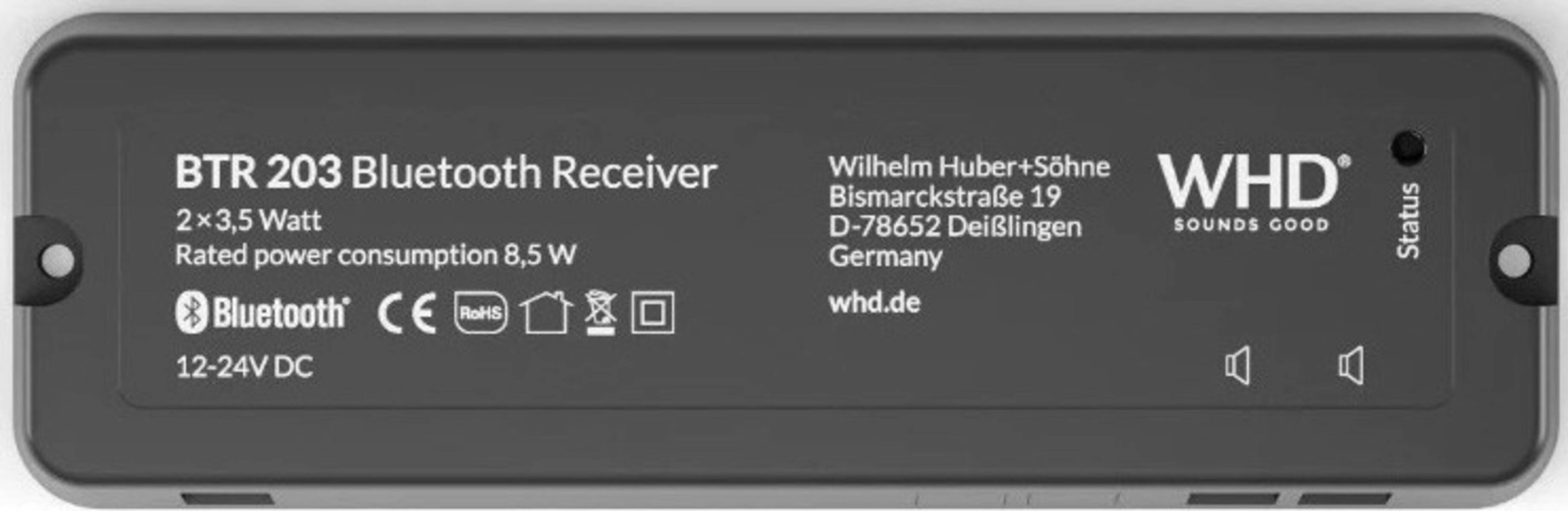 WHD BTR 203 Bluetooth-Empfängergerät-Bedienfeld mit Modellbezeichnung, 2 x 3,5 Watt Leistungsangabe, 12-24V DC Eingang und Statusanzeigen.