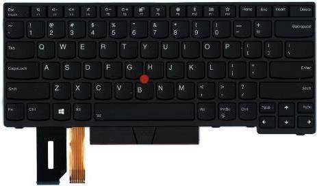 Eine schwarze Laptop-Tastatur mit einem roten Zeigeregler in der Mitte. Mehrere Funktionstasten sind mit Symbolen für verschiedene Steuerelemente beschriftet.